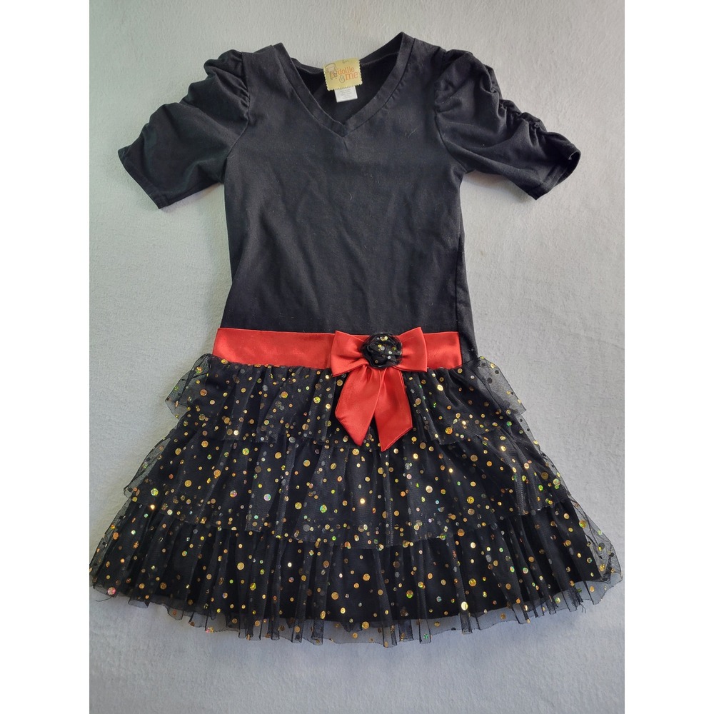 Dollie & Me Girls Black Red Gold Glitter Tulle Tiered Party Dress Size 8 5118532